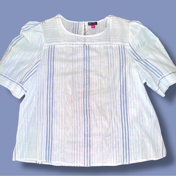 Vince Camuto Summer Bloom Metallic Striped Steller Blue Puff Sleeve Blouse - Picture 1 of 5